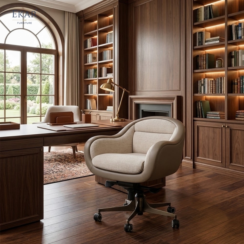 Vintage Leather Executive Office Chair – Rolling Desk Chair with Wood Handle | EKAR Furniture