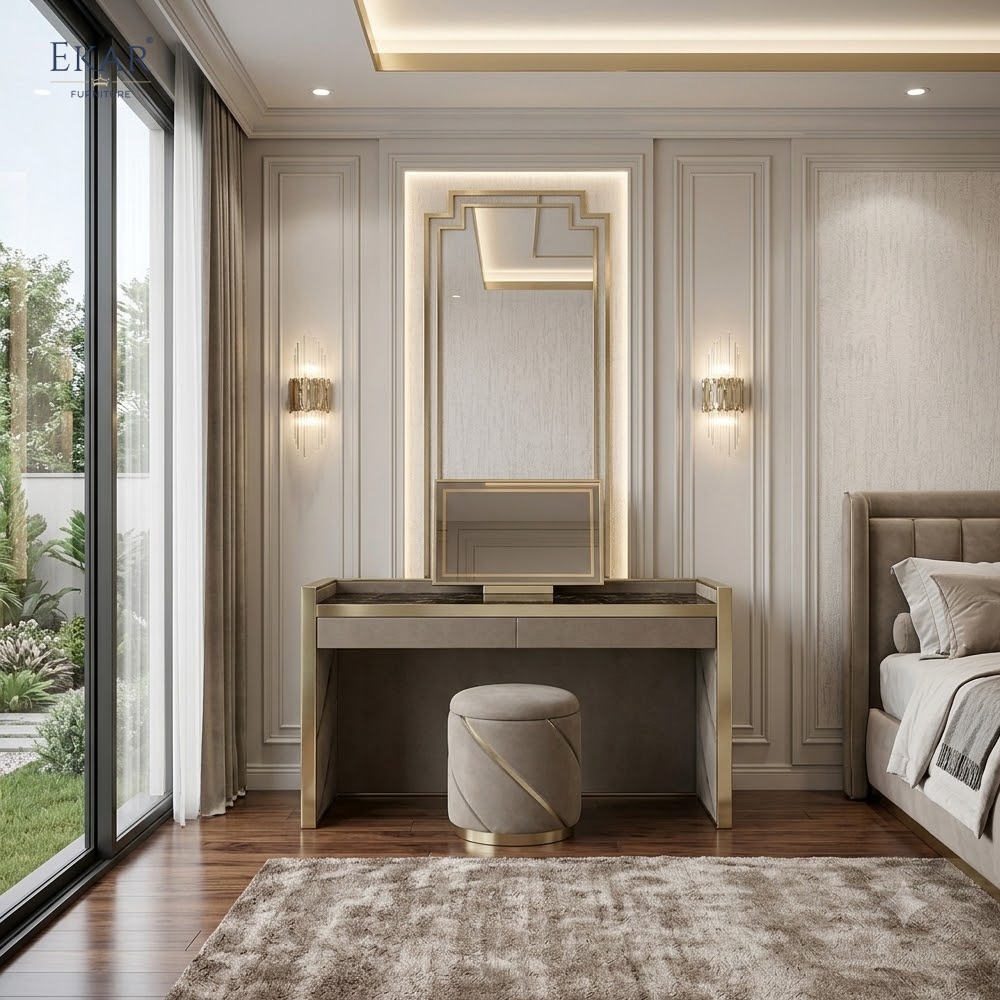Modern Marble-Top Dressing Table with Mirror – Luxury Vanity Desk with Stool | EKAR FURNITURE