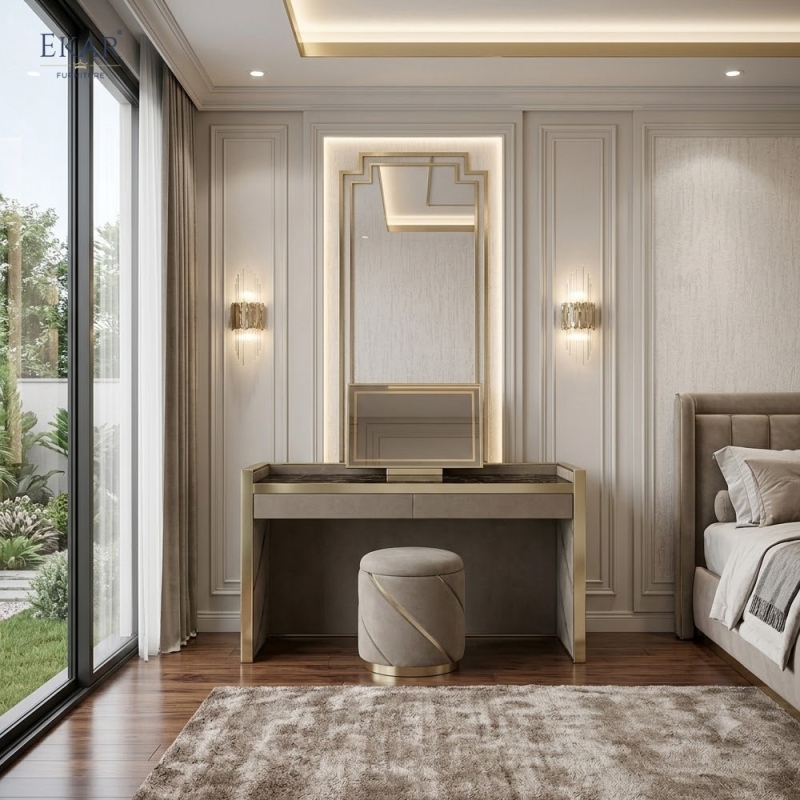 Modern Marble-Top Dressing Table with Mirror – Luxury Vanity Desk with Stool | EKAR FURNITURE