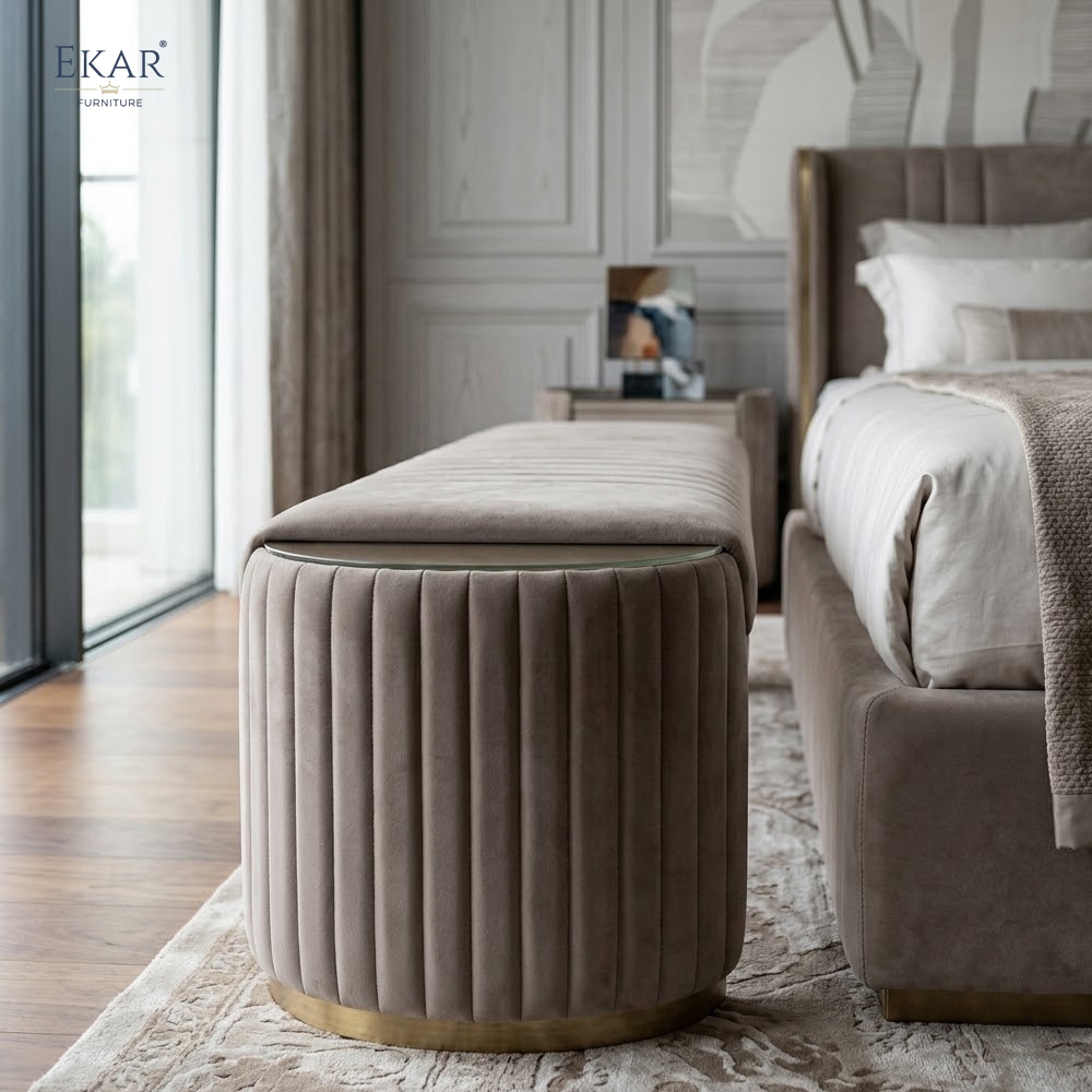 Modern Channel-Tufted Bed Bench – Curved Velvet Bench for Bedroom | EKAR Furniture