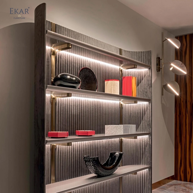 Modern LED-Lit Display Bookshelf – Open Shelving Unit with Ribbed Back Panel | EKAR Furniture