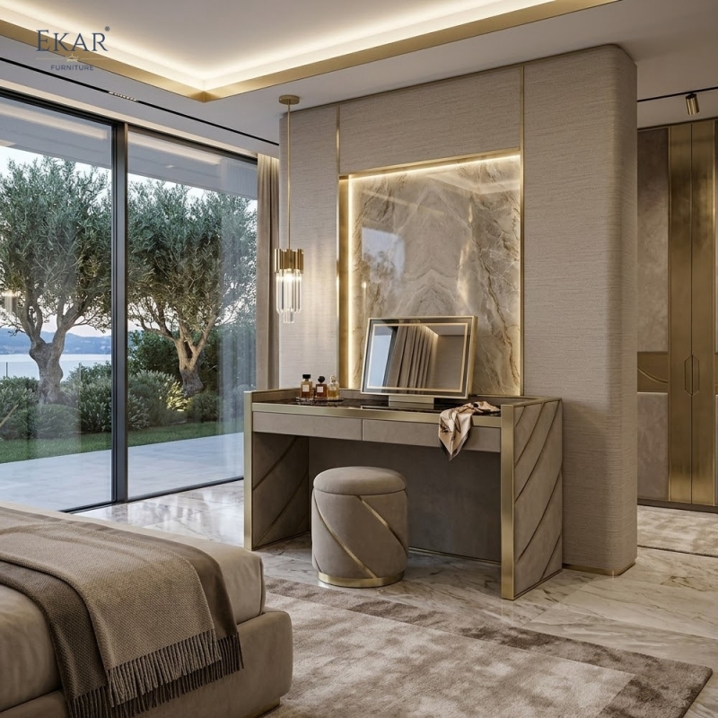 Modern Marble-Top Dressing Table with Mirror – Luxury Vanity Desk with Stool | EKAR FURNITURE