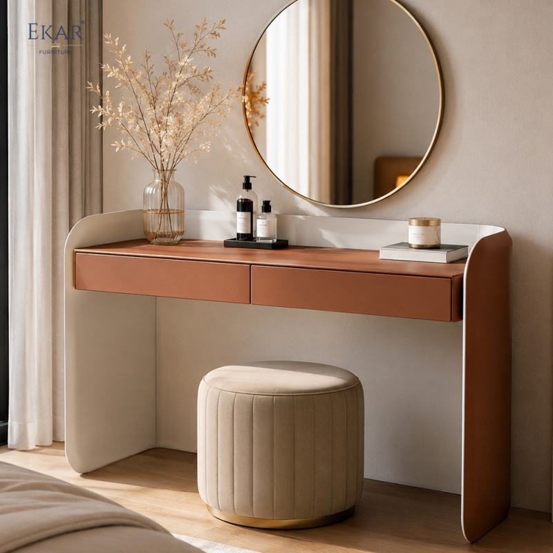 Modern Two-Tone Leather Dressing Table – Curved Vanity Desk with Drawers | EKAR Furniture
