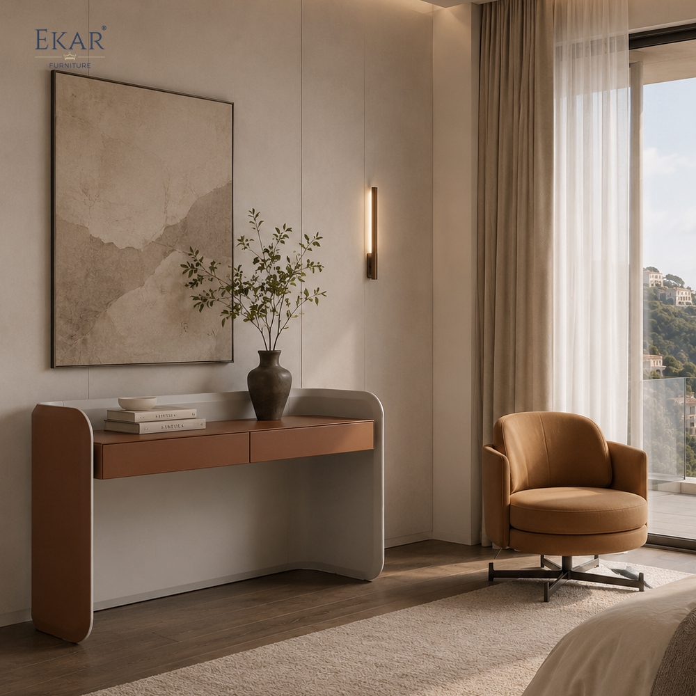 Modern Two-Tone Leather Dressing Table – Curved Vanity Desk with Drawers | EKAR Furniture
