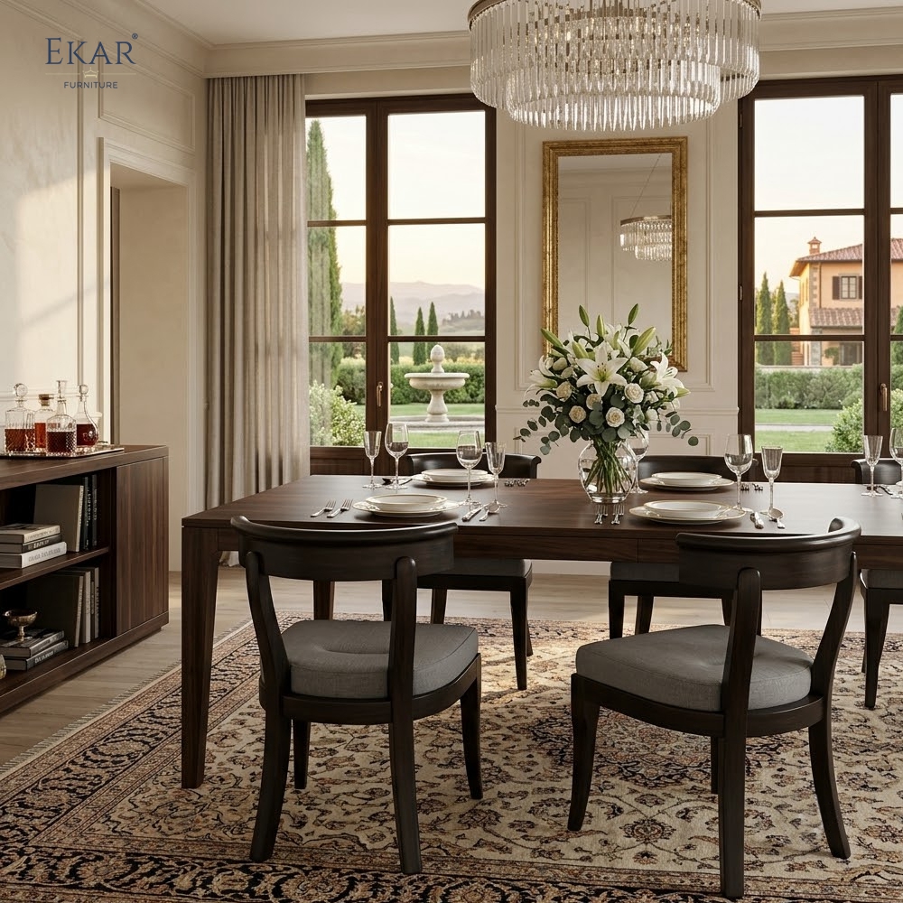 Classic Curved-Back Solid Wood Dining Chair – Black Lacquer Upholstered Seat | EKAR Furniture