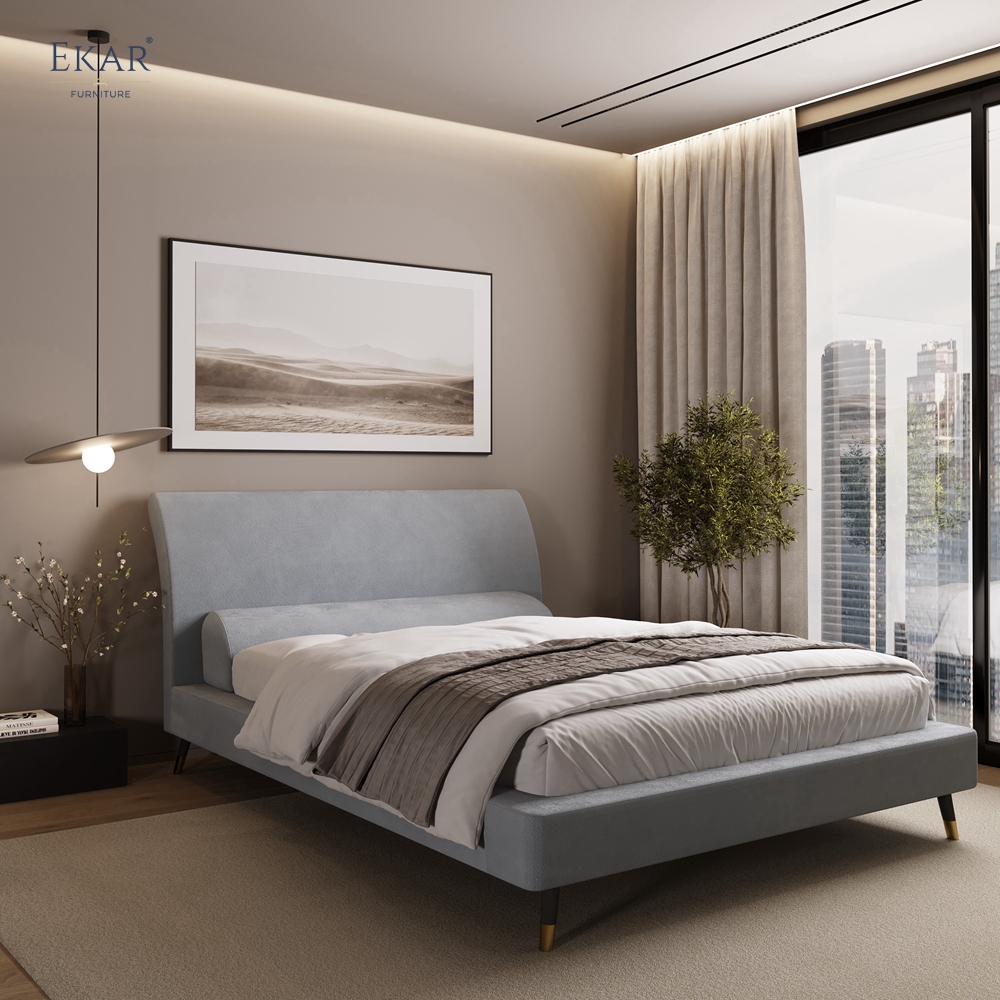 Modern Curved Pillow Headboard Bed – Upholstered Platform Bed with Wood Legs | EKAR Furniture