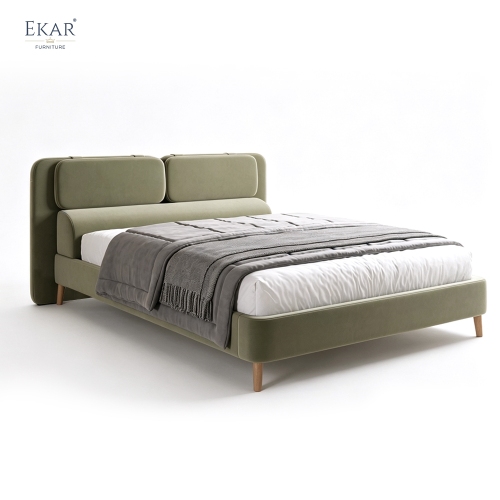 Modern Sage Green Pillow-Top Headboard Bed – Wood Leg Upholstered Bed Frame | EKAR Furniture