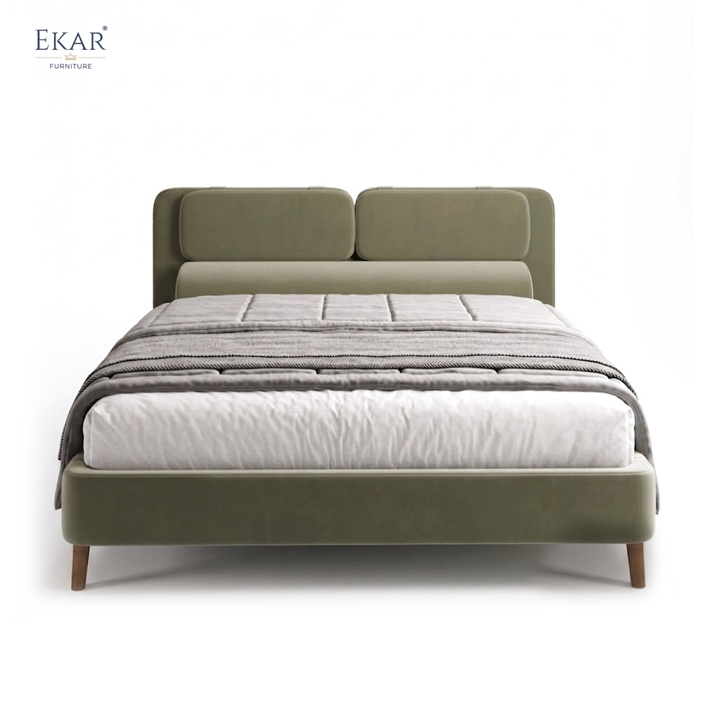 Modern Sage Green Pillow-Top Headboard Bed – Wood Leg Upholstered Bed Frame | EKAR Furniture