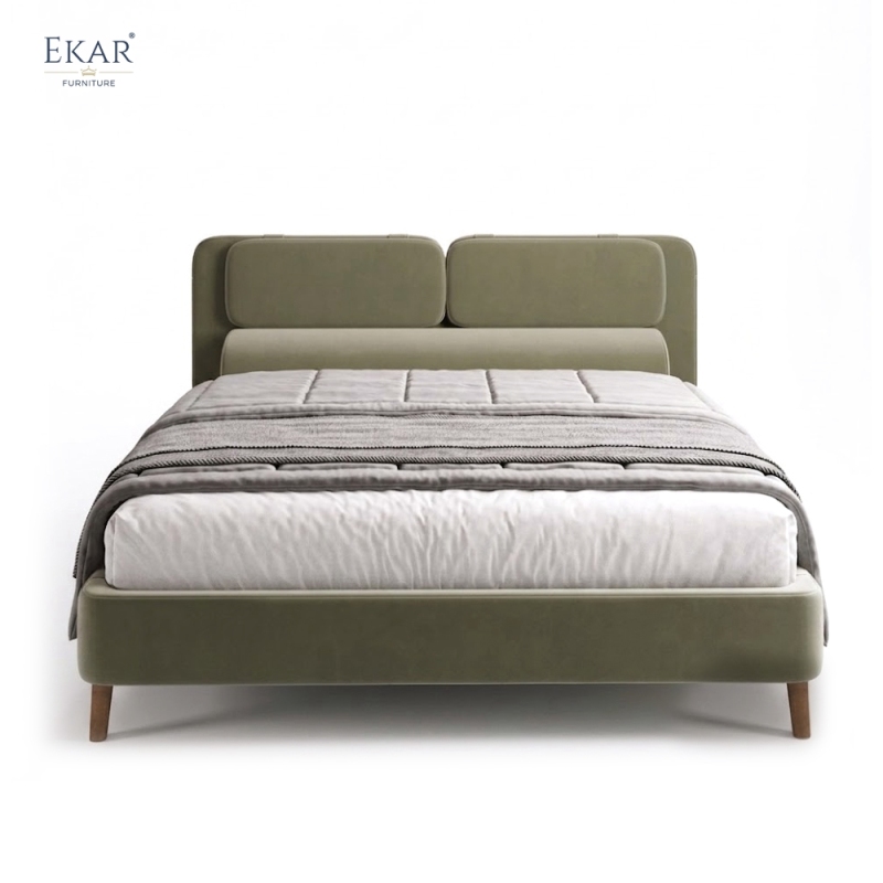 Modern Sage Green Pillow-Top Headboard Bed – Wood Leg Upholstered Bed Frame | EKAR Furniture