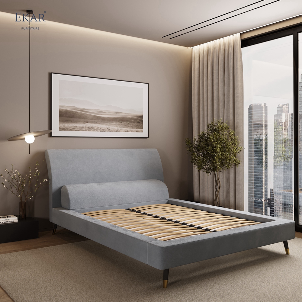 Modern Curved Pillow Headboard Bed – Upholstered Platform Bed with Wood Legs | EKAR Furniture