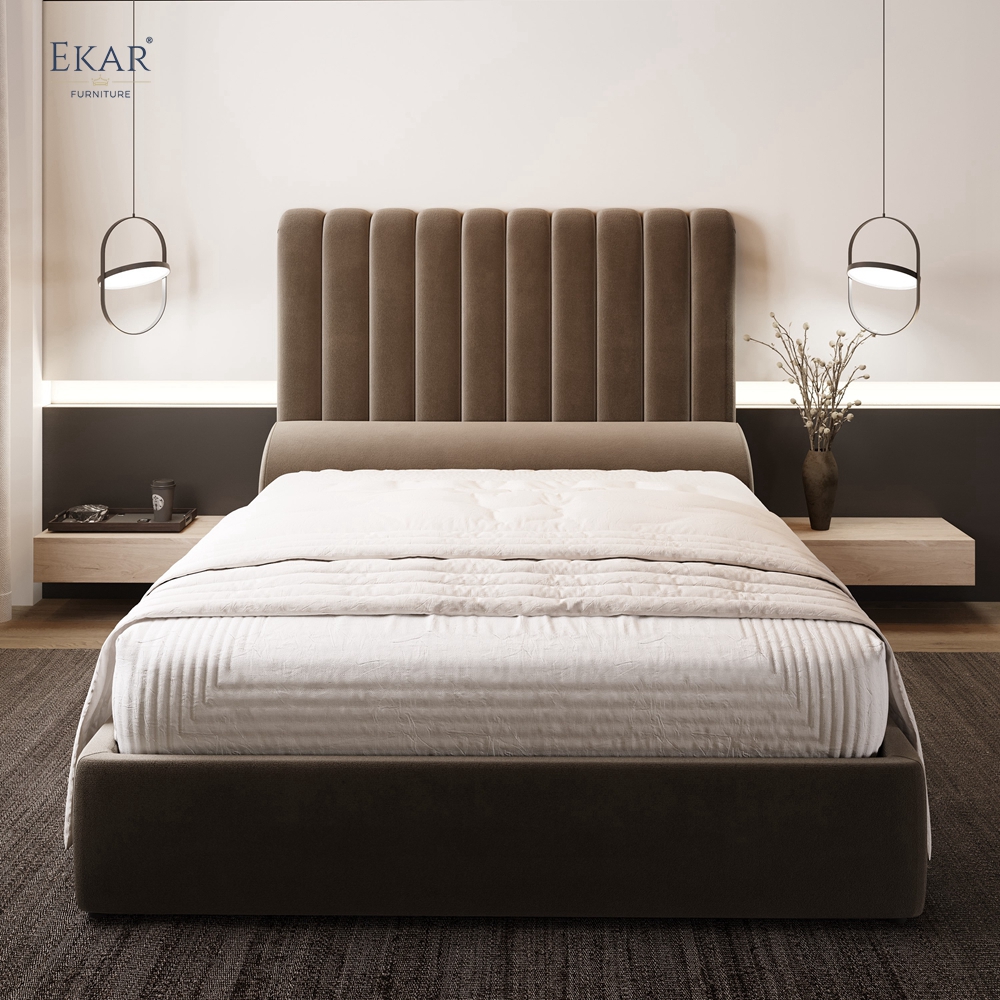 Modern Fluted Channel Headboard Bed – Tall Ribbed Panel Upholstered Bed | EKAR Furniture