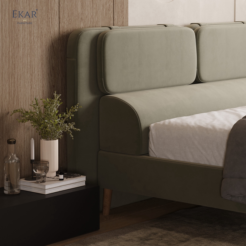 Modern Sage Green Pillow-Top Headboard Bed – Wood Leg Upholstered Bed Frame | EKAR Furniture