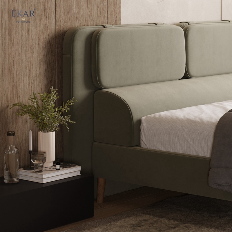 Modern Sage Green Pillow-Top Headboard Bed – Wood Leg Upholstered Bed Frame | EKAR Furniture