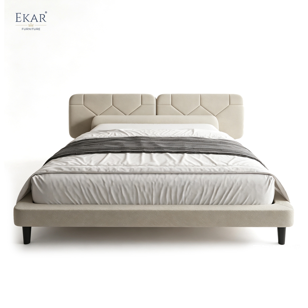 Modern Geometric Stitched Headboard Bed – Crown-Top Upholstered Platform Bed | EKAR Furniture