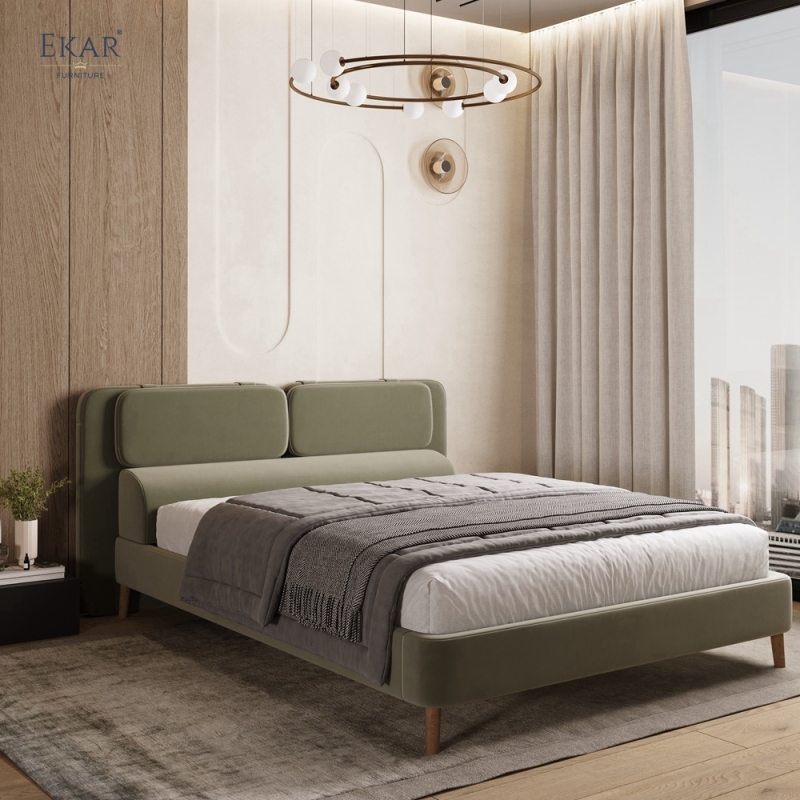 Modern Sage Green Pillow-Top Headboard Bed – Wood Leg Upholstered Bed Frame | EKAR Furniture