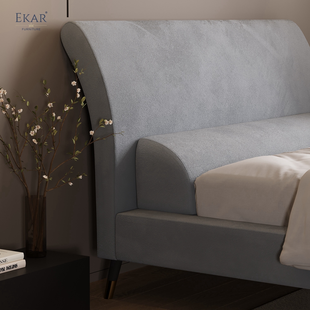 Modern Curved Pillow Headboard Bed – Upholstered Platform Bed with Wood Legs | EKAR Furniture