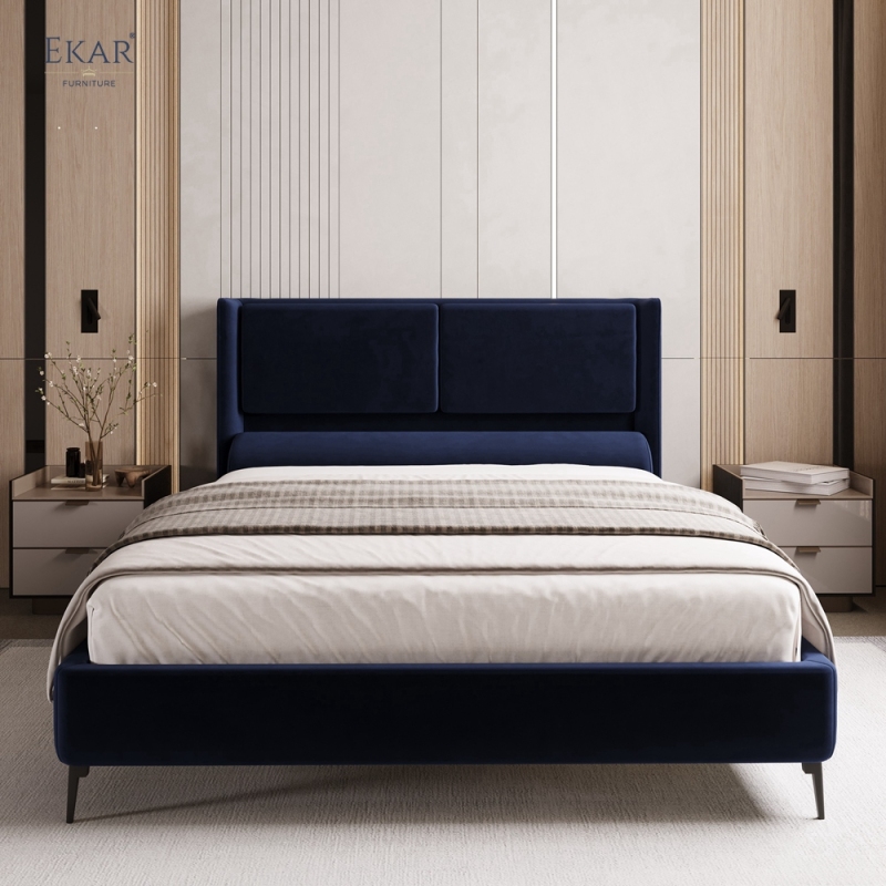 Modern Navy Velvet Panel Headboard Bed – Channel Panel Upholstered Platform Bed | EKAR Furniture