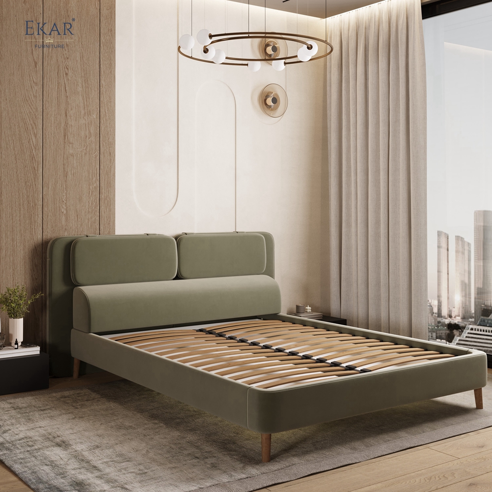 Modern Sage Green Pillow-Top Headboard Bed – Wood Leg Upholstered Bed Frame | EKAR Furniture