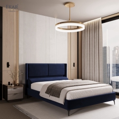 Modern Navy Velvet Panel Headboard Bed – Channel Panel Upholstered Platform Bed | EKAR Furniture
