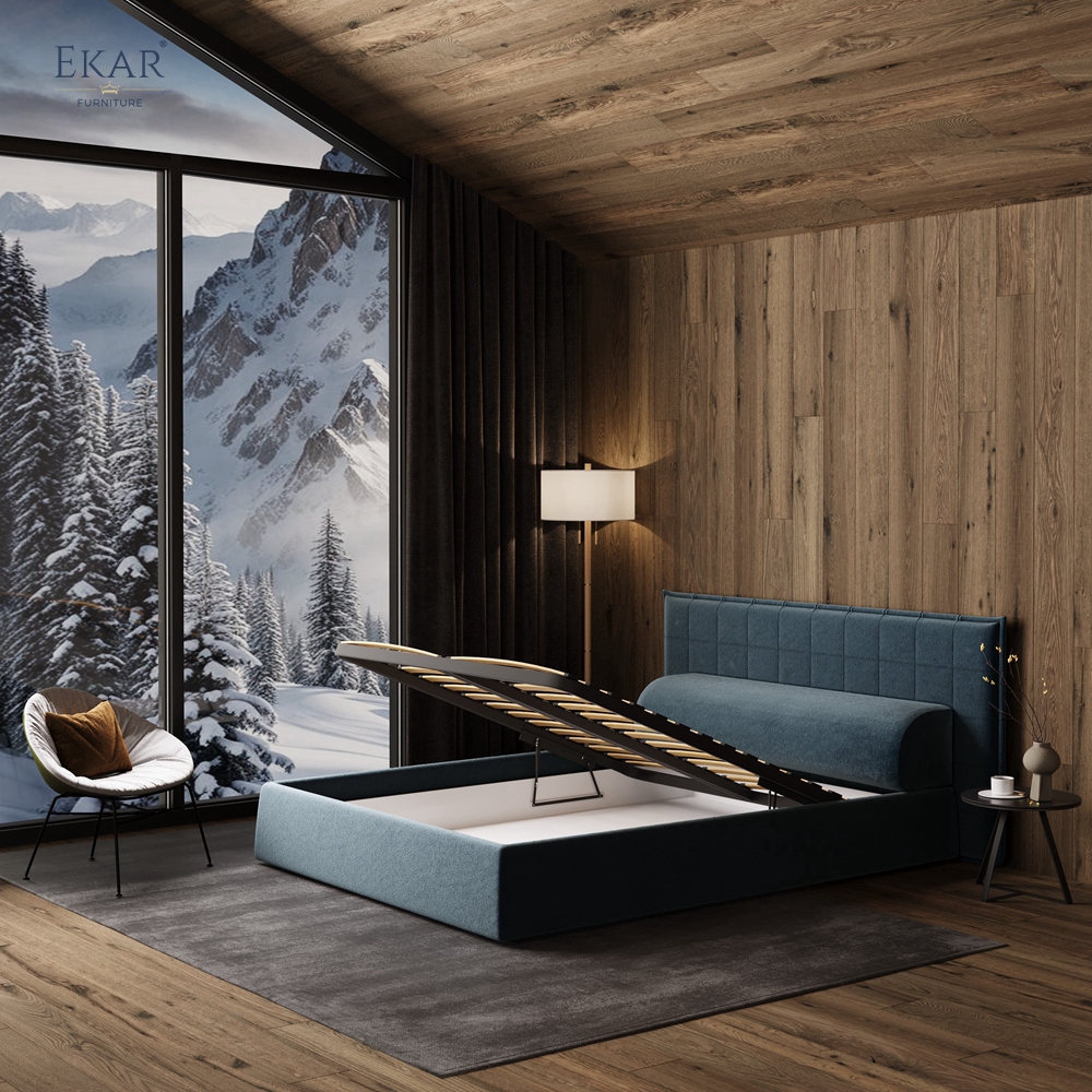 Modern Square-Tufted Storage Bed – Tall Headboard Bed with Hydraulic Lift | EKAR Furniture