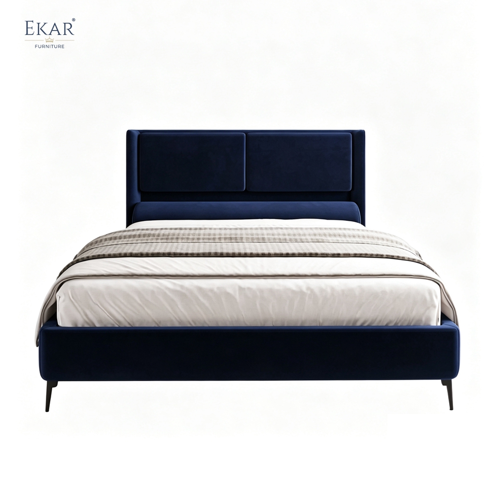 Modern Navy Velvet Panel Headboard Bed – Channel Panel Upholstered Platform Bed | EKAR Furniture
