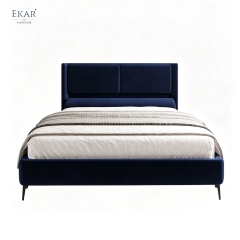 Modern Navy Velvet Panel Headboard Bed – Channel Panel Upholstered Platform Bed | EKAR Furniture