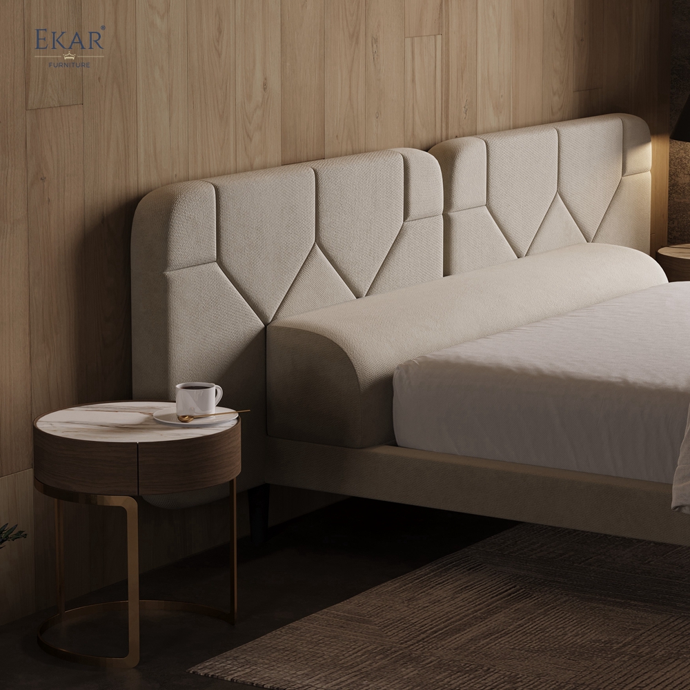 Modern Geometric Stitched Headboard Bed – Crown-Top Upholstered Platform Bed | EKAR Furniture