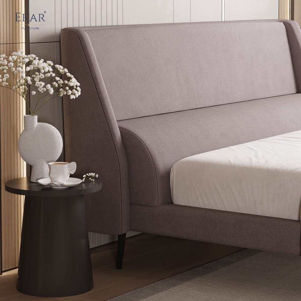 Modern Angular Panel Headboard Bed – Curved Wing Upholstered Platform Bed | EKAR Furniture