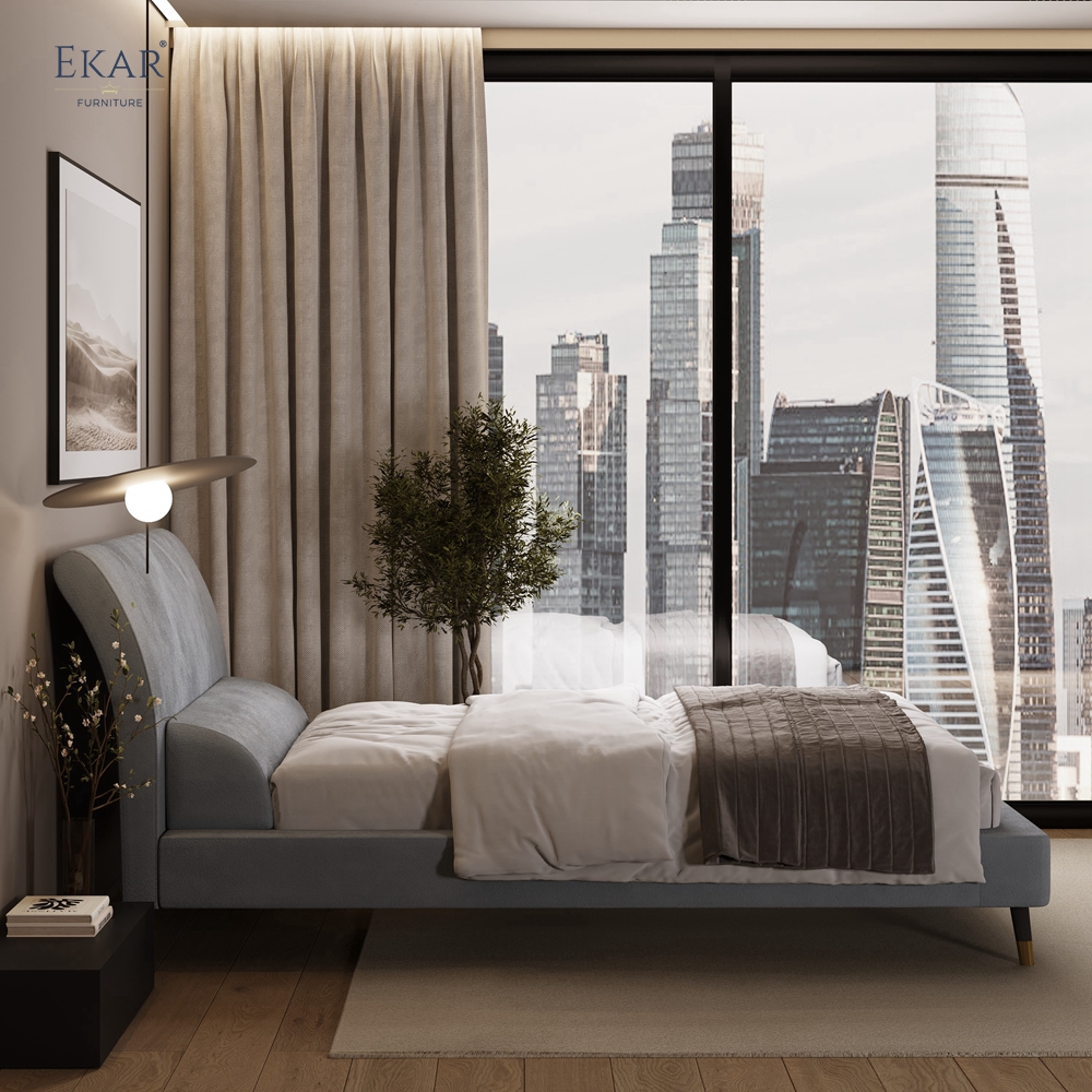 Modern Curved Pillow Headboard Bed – Upholstered Platform Bed with Wood Legs | EKAR Furniture