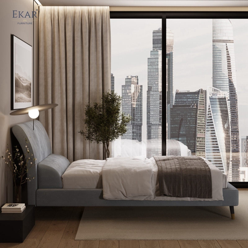 Modern Curved Pillow Headboard Bed – Upholstered Platform Bed with Wood Legs | EKAR Furniture