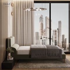 Modern Sage Green Pillow-Top Headboard Bed – Wood Leg Upholstered Bed Frame | EKAR Furniture