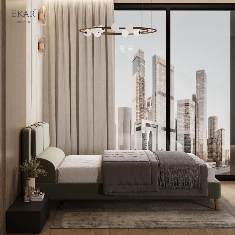 Modern Sage Green Pillow-Top Headboard Bed – Wood Leg Upholstered Bed Frame | EKAR Furniture