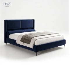 Modern Navy Velvet Panel Headboard Bed – Channel Panel Upholstered Platform Bed | EKAR Furniture