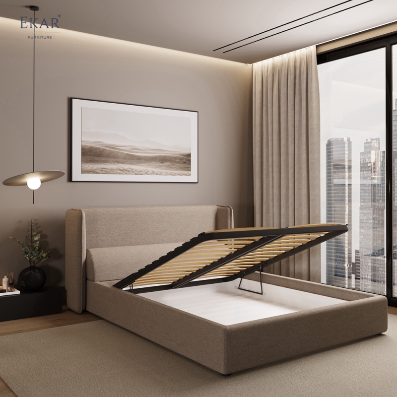 Modern Winged Panel Storage Bed – Upholstered Bed with Hydraulic Lift Storage | EKAR Furniture