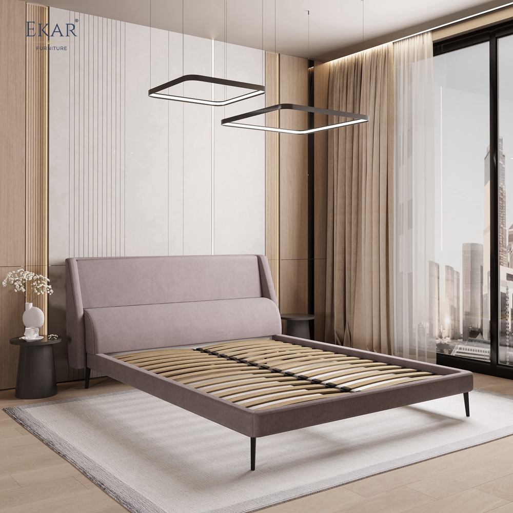 Modern Angular Panel Headboard Bed – Curved Wing Upholstered Platform Bed | EKAR Furniture