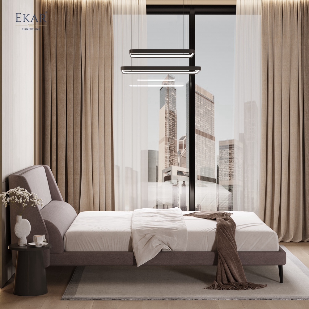 Modern Angular Panel Headboard Bed – Curved Wing Upholstered Platform Bed | EKAR Furniture