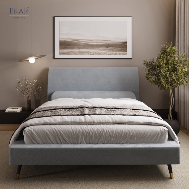 Modern Curved Pillow Headboard Bed – Upholstered Platform Bed with Wood Legs | EKAR Furniture