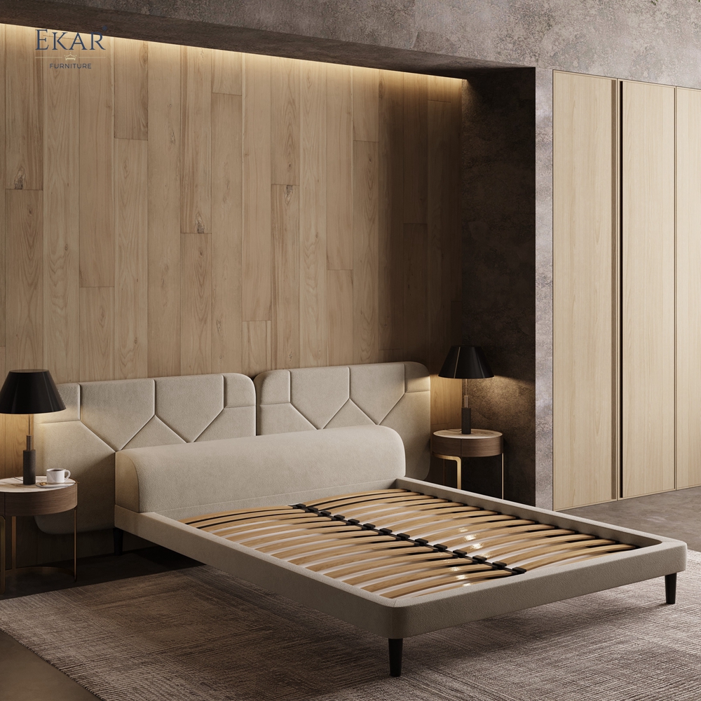 Modern Geometric Stitched Headboard Bed – Crown-Top Upholstered Platform Bed | EKAR Furniture