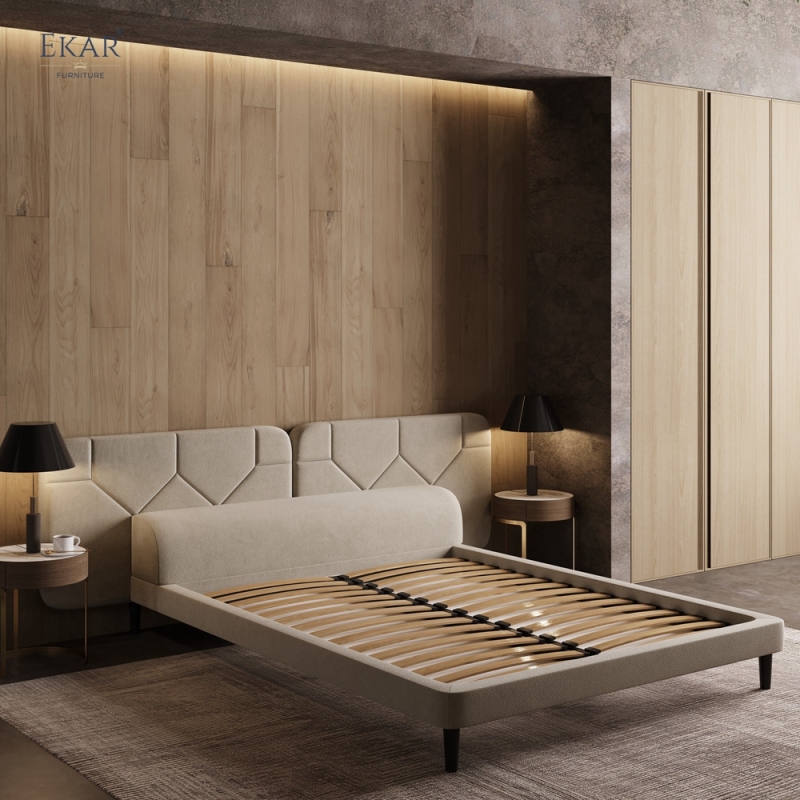 Modern Geometric Stitched Headboard Bed – Crown-Top Upholstered Platform Bed | EKAR Furniture