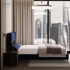 Modern Navy Velvet Panel Headboard Bed – Channel Panel Upholstered Platform Bed | EKAR Furniture