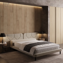 Modern Geometric Stitched Headboard Bed – Crown-Top Upholstered Platform Bed | EKAR Furniture