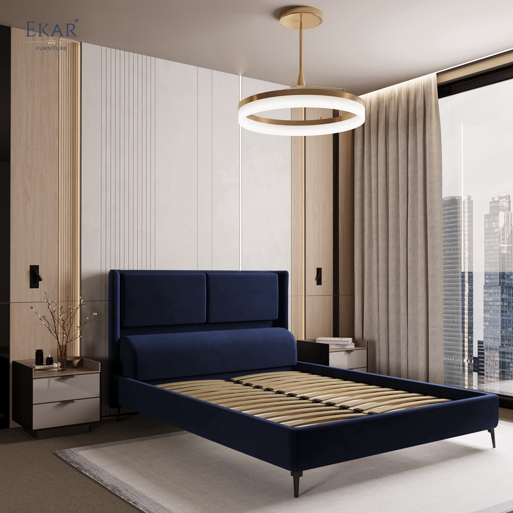 Modern Navy Velvet Panel Headboard Bed – Channel Panel Upholstered Platform Bed | EKAR Furniture
