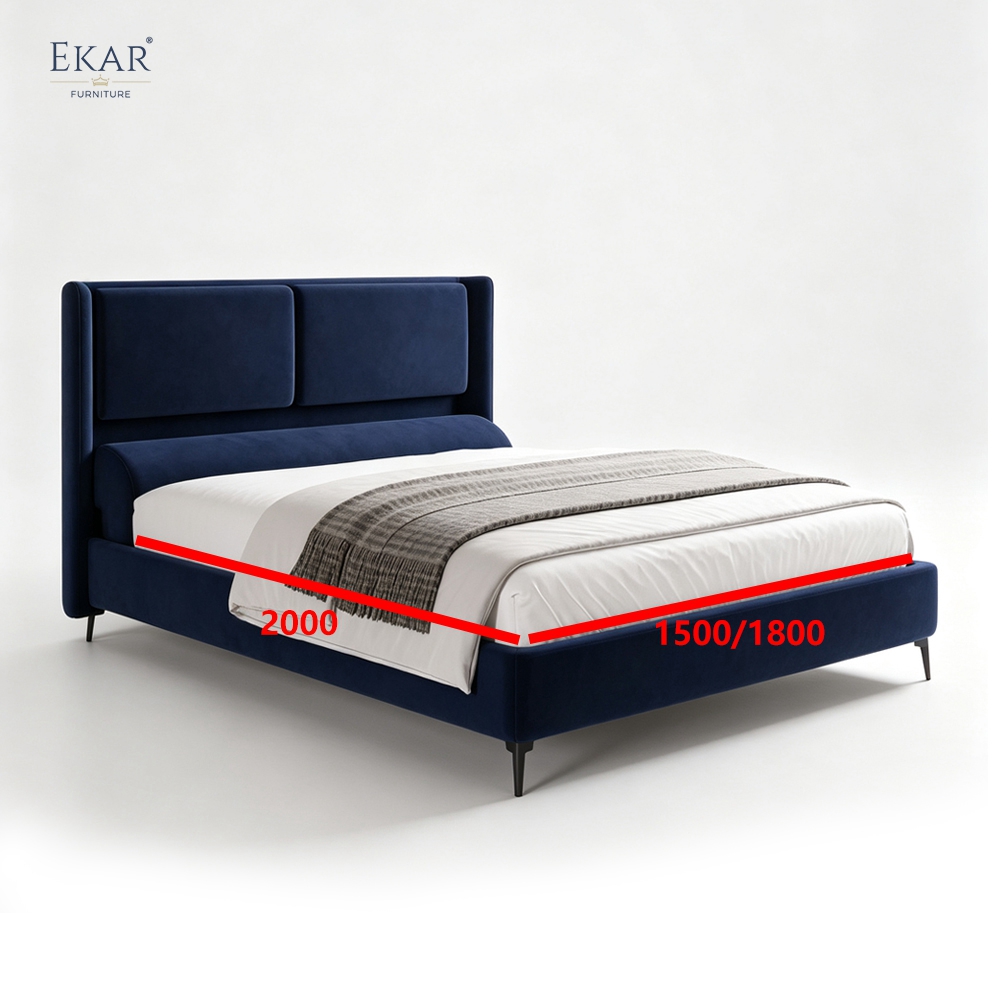 Modern Navy Velvet Panel Headboard Bed – Channel Panel Upholstered Platform Bed | EKAR Furniture