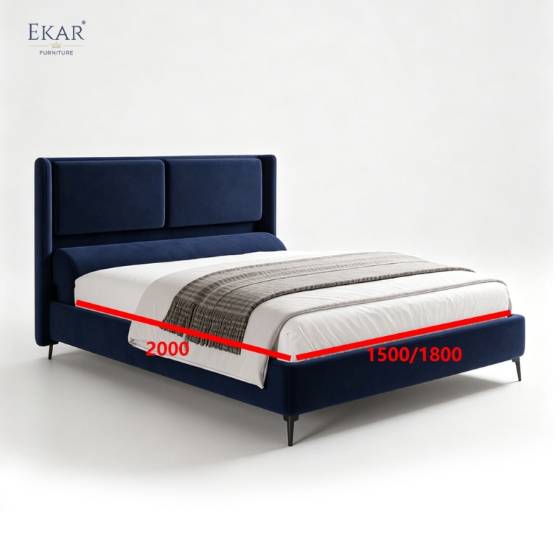 Modern Navy Velvet Panel Headboard Bed – Channel Panel Upholstered Platform Bed | EKAR Furniture