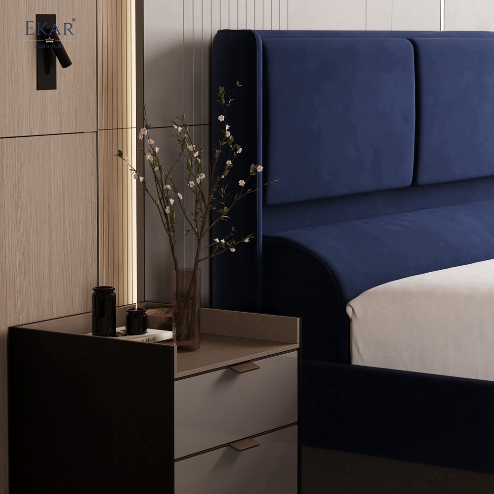 Modern Navy Velvet Panel Headboard Bed – Channel Panel Upholstered Platform Bed | EKAR Furniture