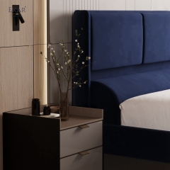Modern Navy Velvet Panel Headboard Bed – Channel Panel Upholstered Platform Bed | EKAR Furniture