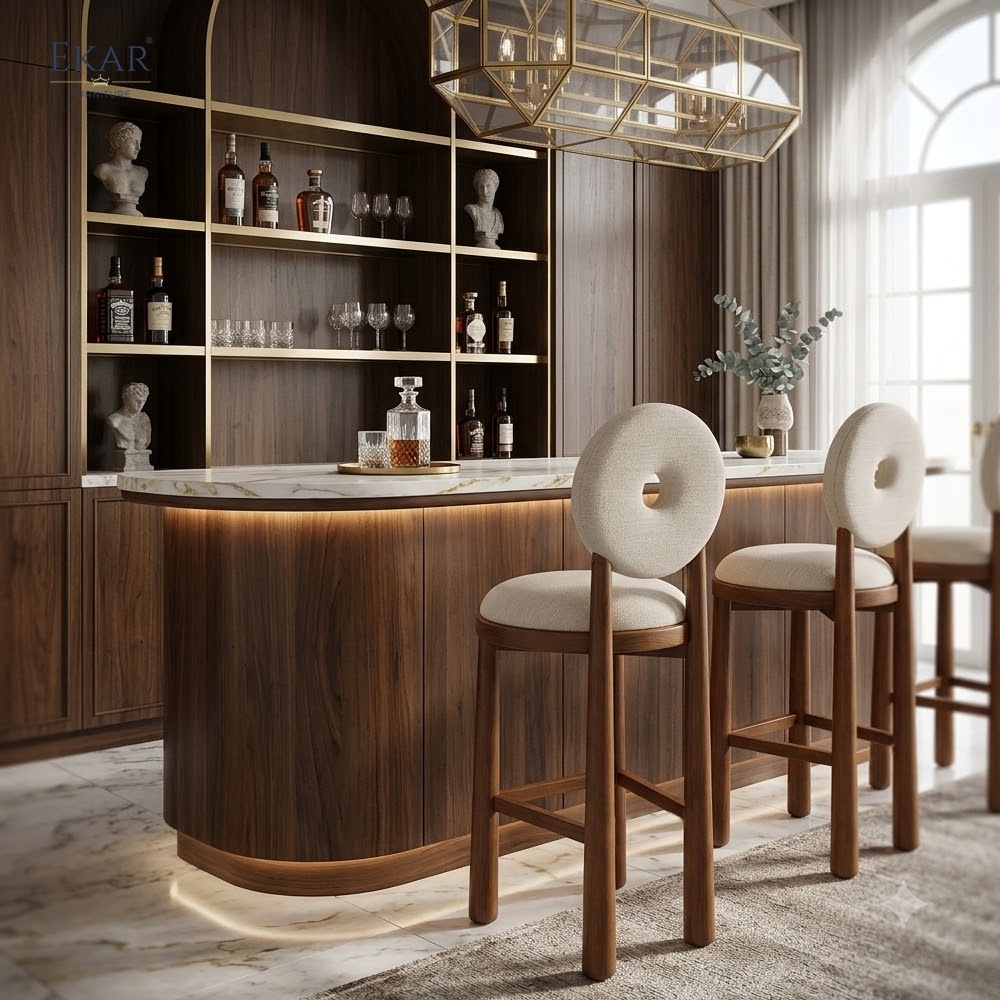 EKAR Modern Solid Wood Bar Stool - Upholstered Round Backrest Bar Chair