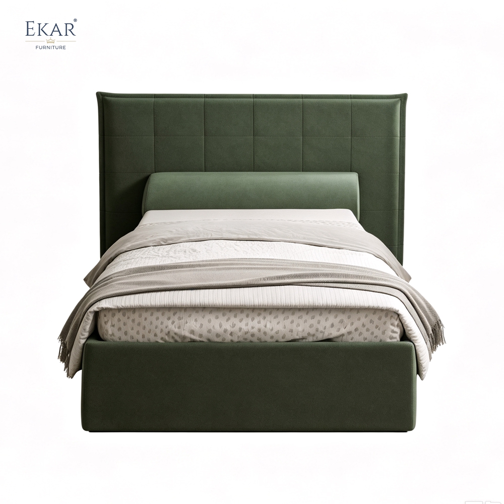 Modern Green Square-Tufted Single Bed – Upholstered Twin Bed with Bolster Pillow | EKAR Furniture