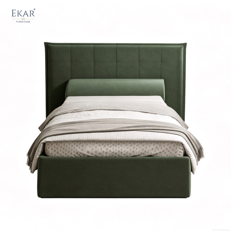 Modern Green Square-Tufted Single Bed – Upholstered Twin Bed with Bolster Pillow | EKAR Furniture