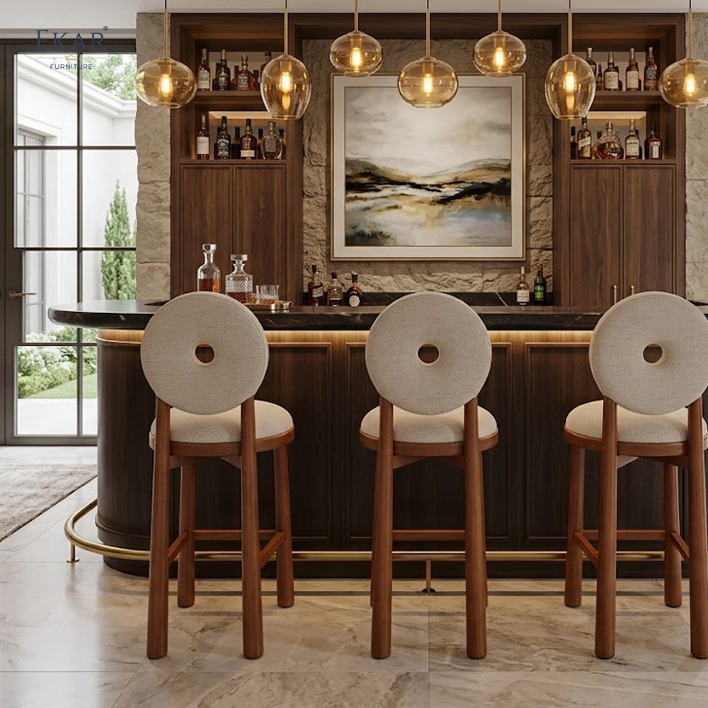 EKAR Modern Solid Wood Bar Stool - Upholstered Round Backrest Bar Chair